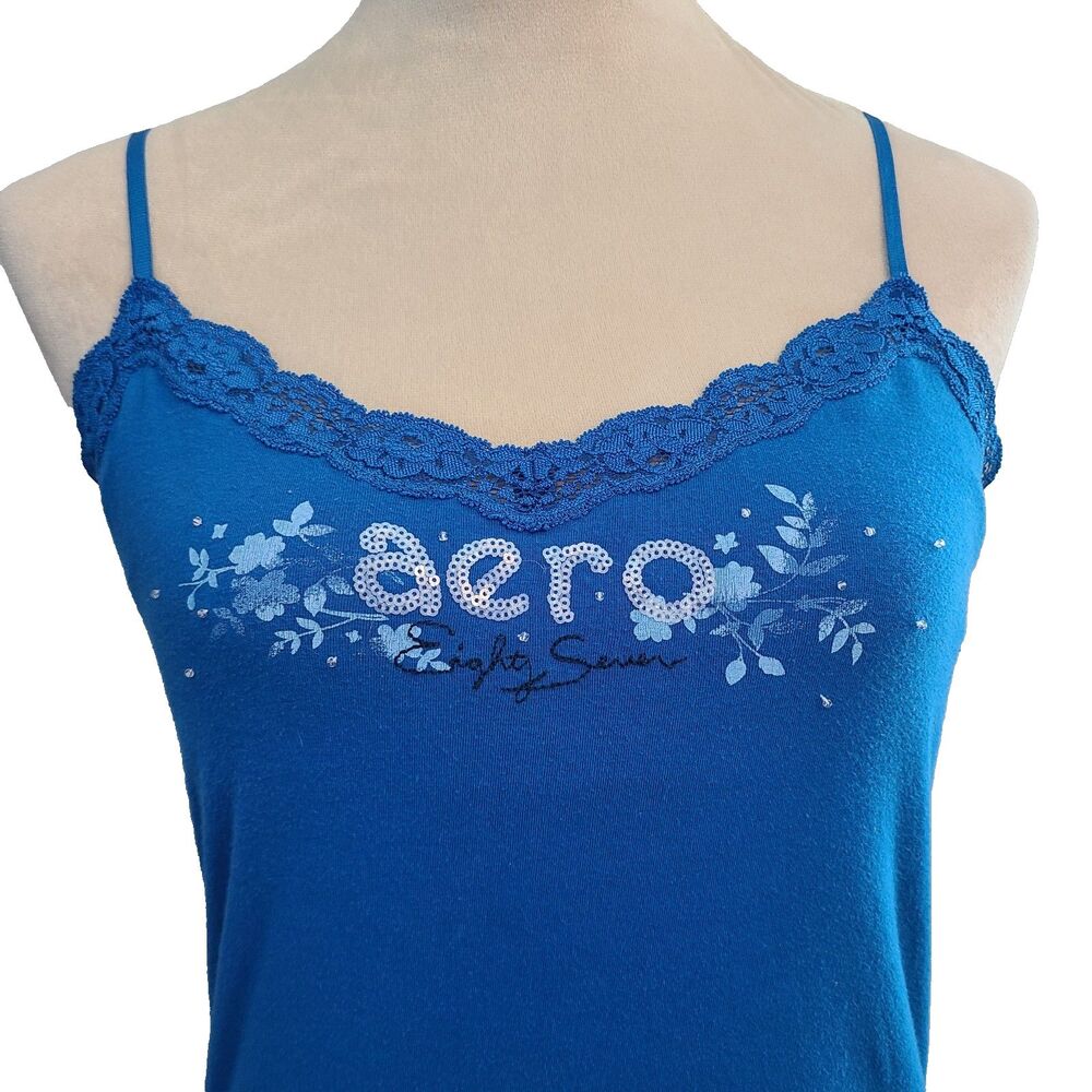 VTG Y2K Aeropostale Cami Womens L Lace Trim Spell Out Romantic Coquette Blue